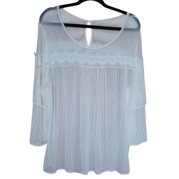 Cato Tops - Cato Sheer Mesh Lacy Blouse Women's Large Cream Color Tiered Sleeves Boho Fairy